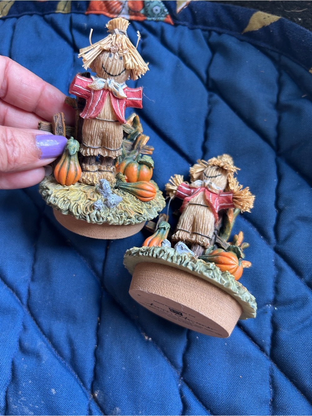 Vintage Home Interiors Fall Scarecrow Jar Toppers  Figurine Pair with Pumpkins